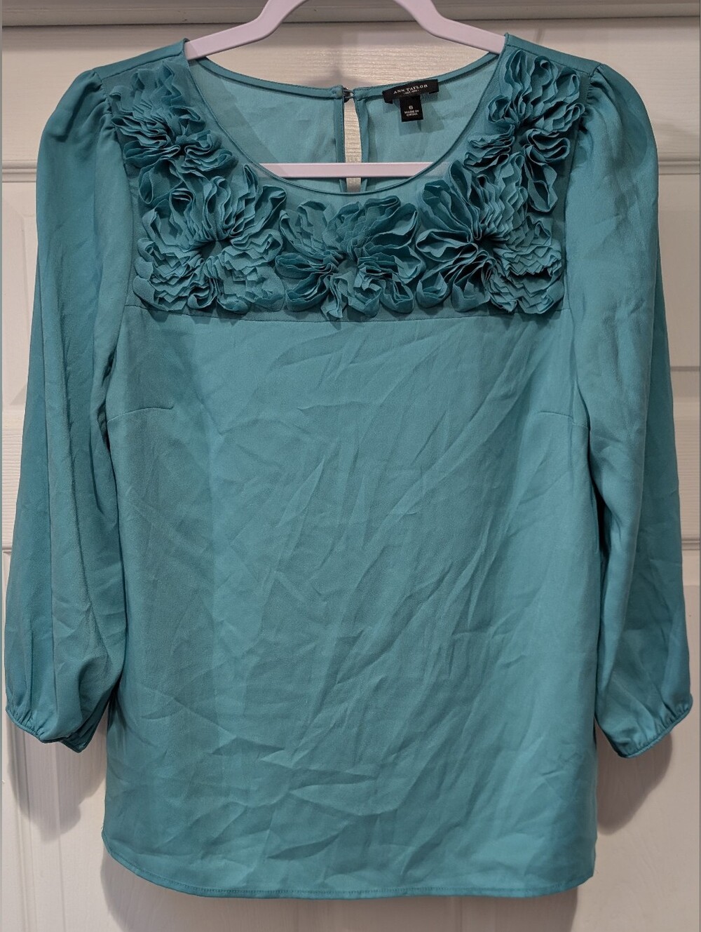 Ann Taylor Teal Rosette Neck Blouse 3/4 Sleeve Top 6